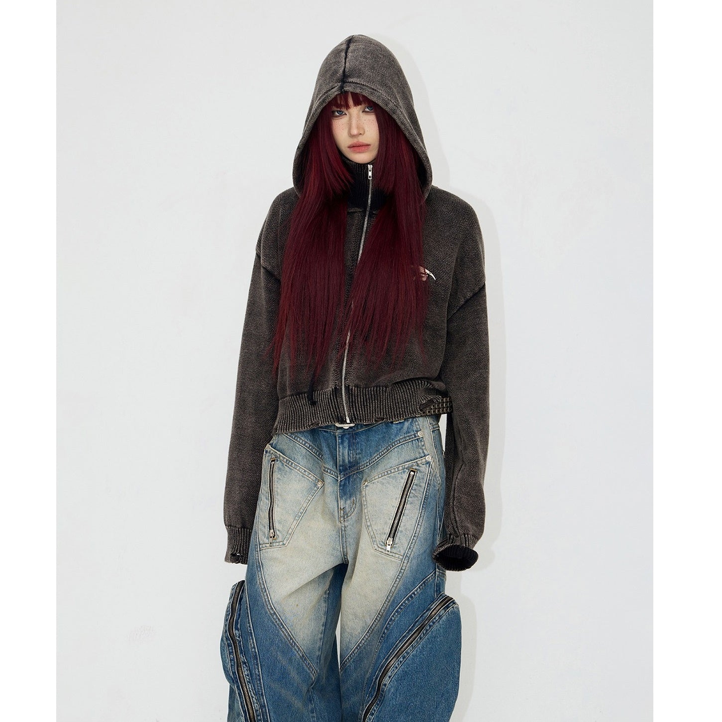 Knitted Jacquard Frayed Cropped Hooded Parka MB7117