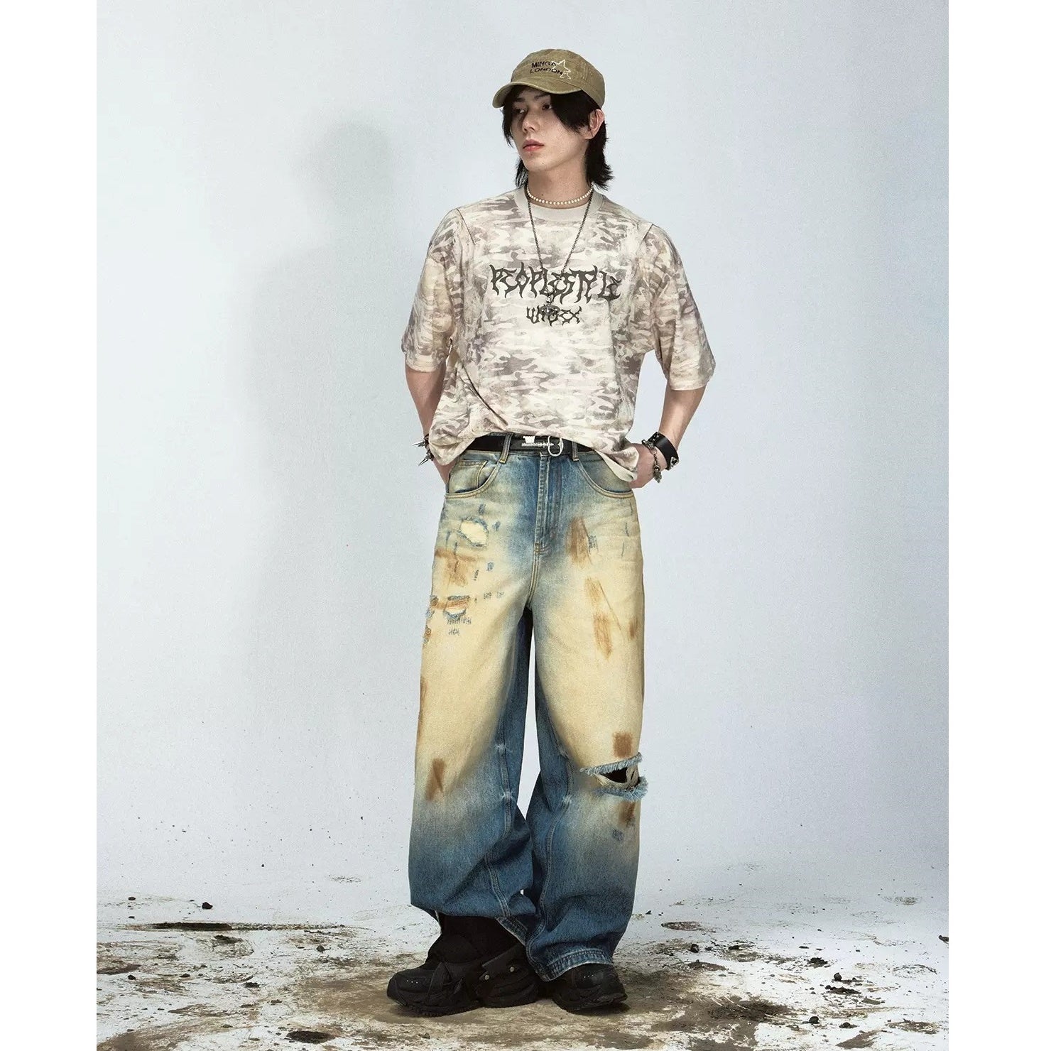 Yellow Mud Dyed Ripped Buggy Jeans MB7027