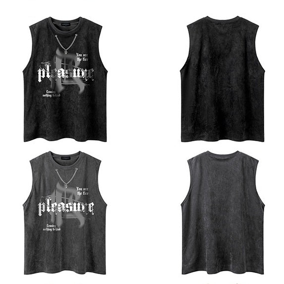 Neck Chain Loose Graphic Sleeveless T-shirt NH7003