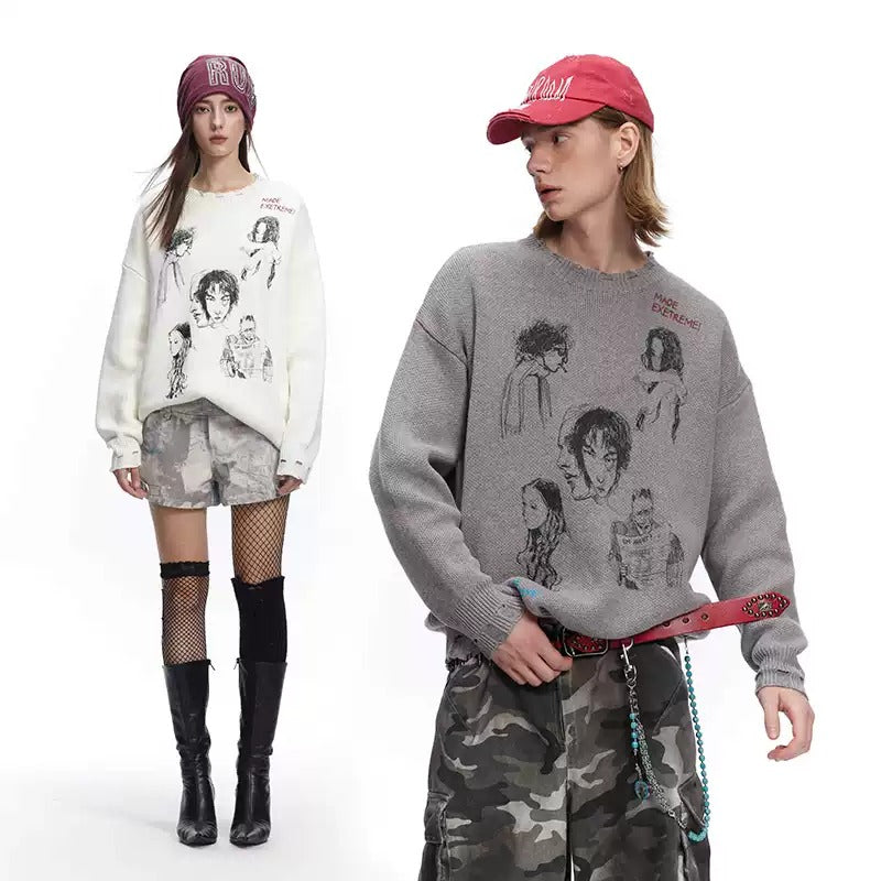 Sketch Print Design Loose Damage Sweater MB7205