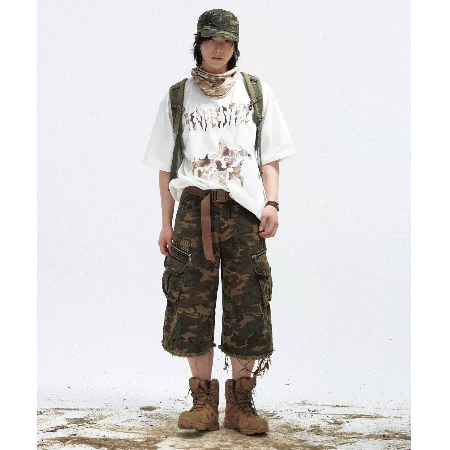 Camouflage Raw-Edged Loose Cargo Cropped Pants MB7025