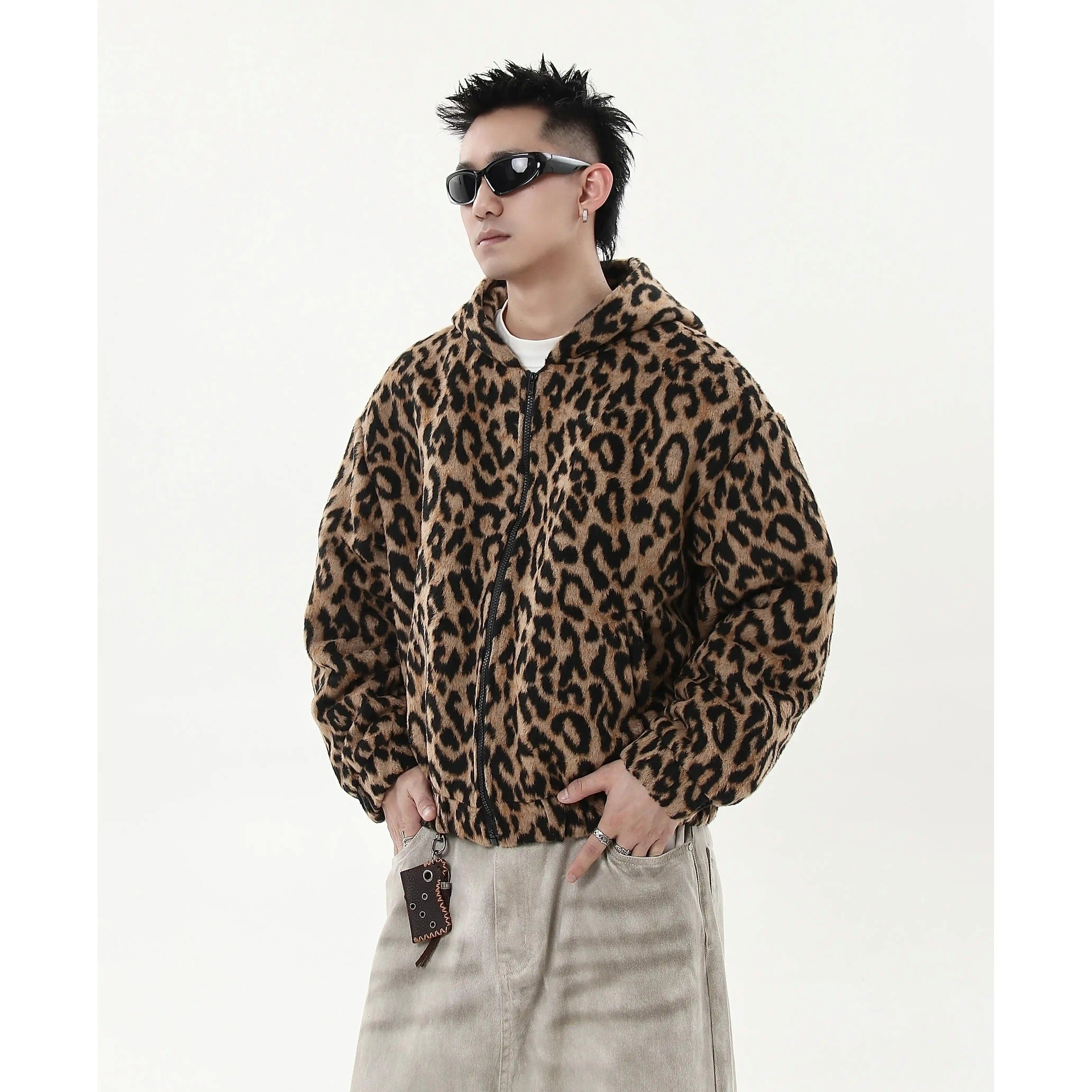 Leopard Print Plush Hooded Zipper Jacket MB7244