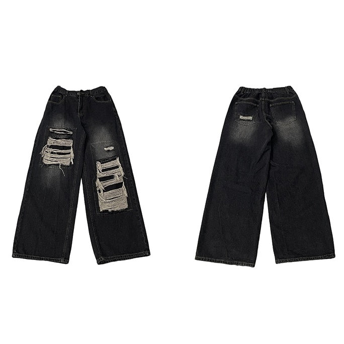 Street Patch Hole Design Loose Straight Jeans MB7003