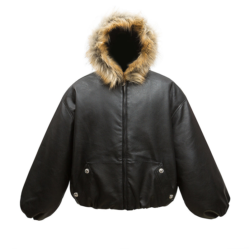 Fur Collar PU Leather Loose Hooded Jacket MB7299