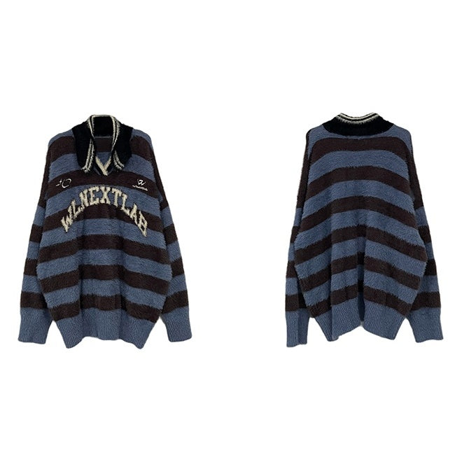 College Style Oversize Knitted Border Sweater MB7279