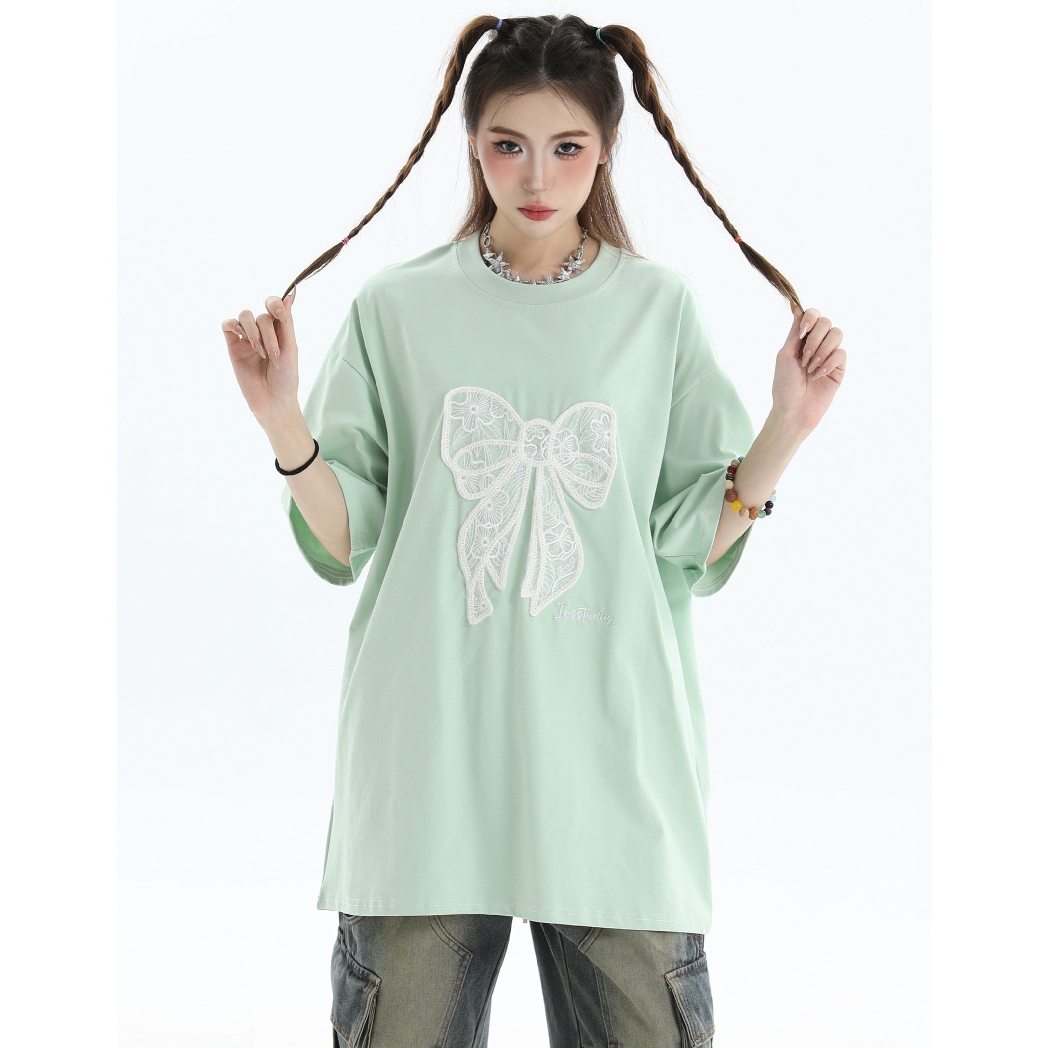 Lace Bow Short Sleeve Loose T-Shirt IN7034