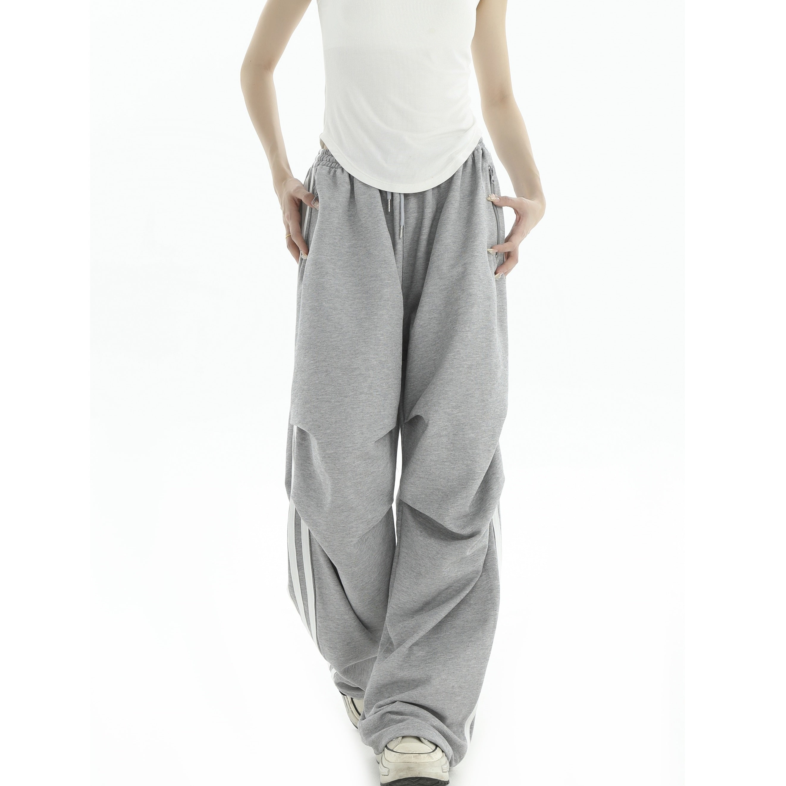 Pleated Three-Bar Loose Track Pants IN7002