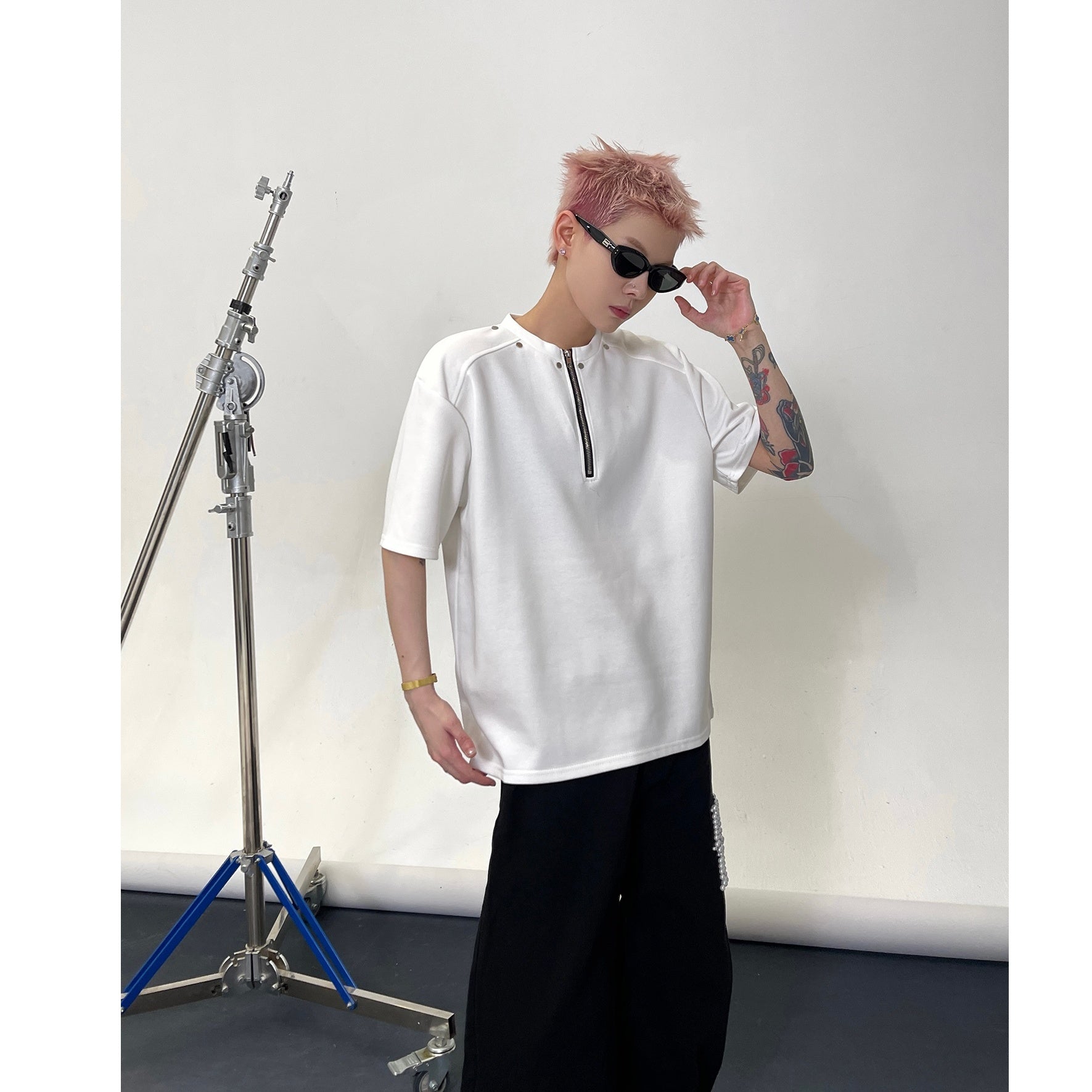 Half Zipper Rivet Design T-Shirt EAT140