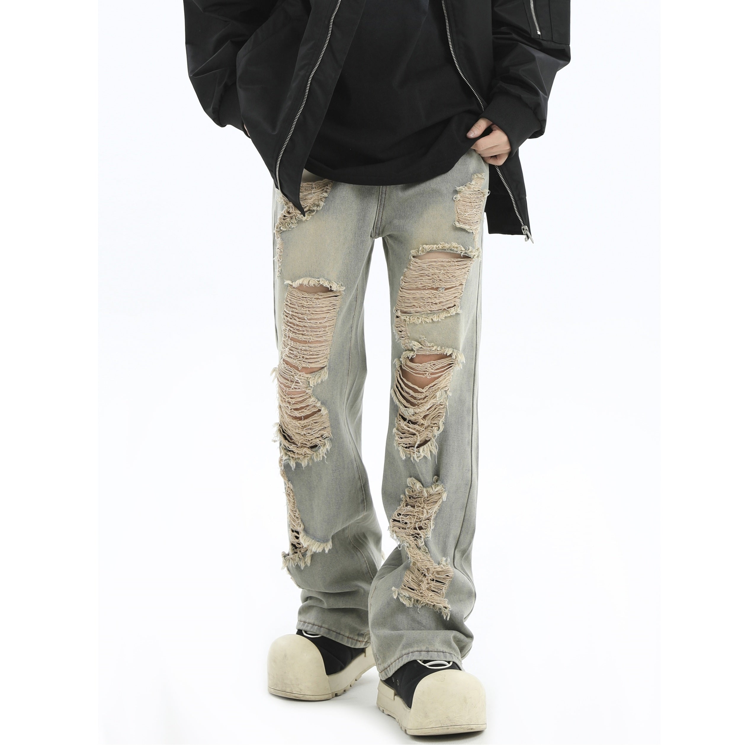 Scratched Hole Distressed Washed Jeans IN7042