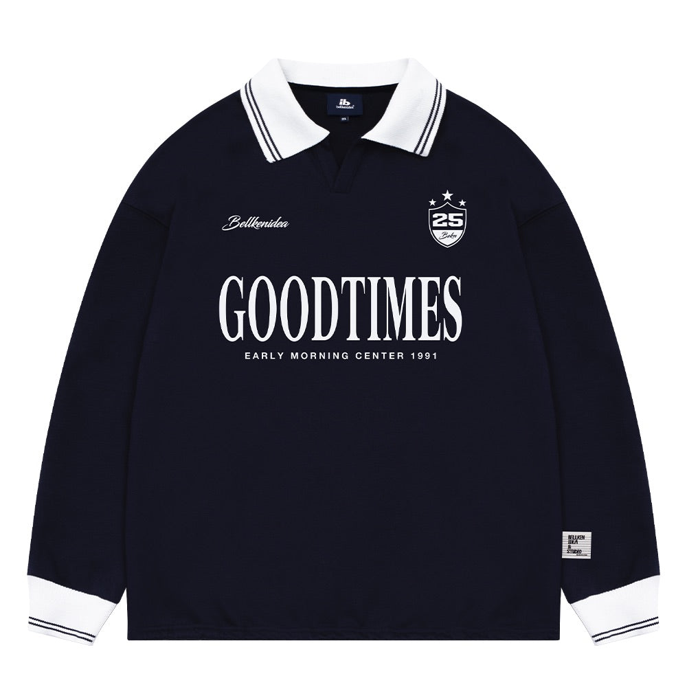 Contrast Polo Lapel Vintage Print Sweatshirt BI2010