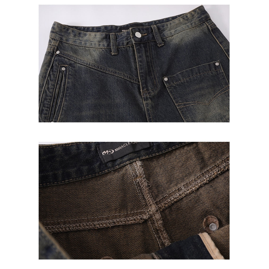 Retro Washed Asymmetrical Pocket Buggy Jeans MR036