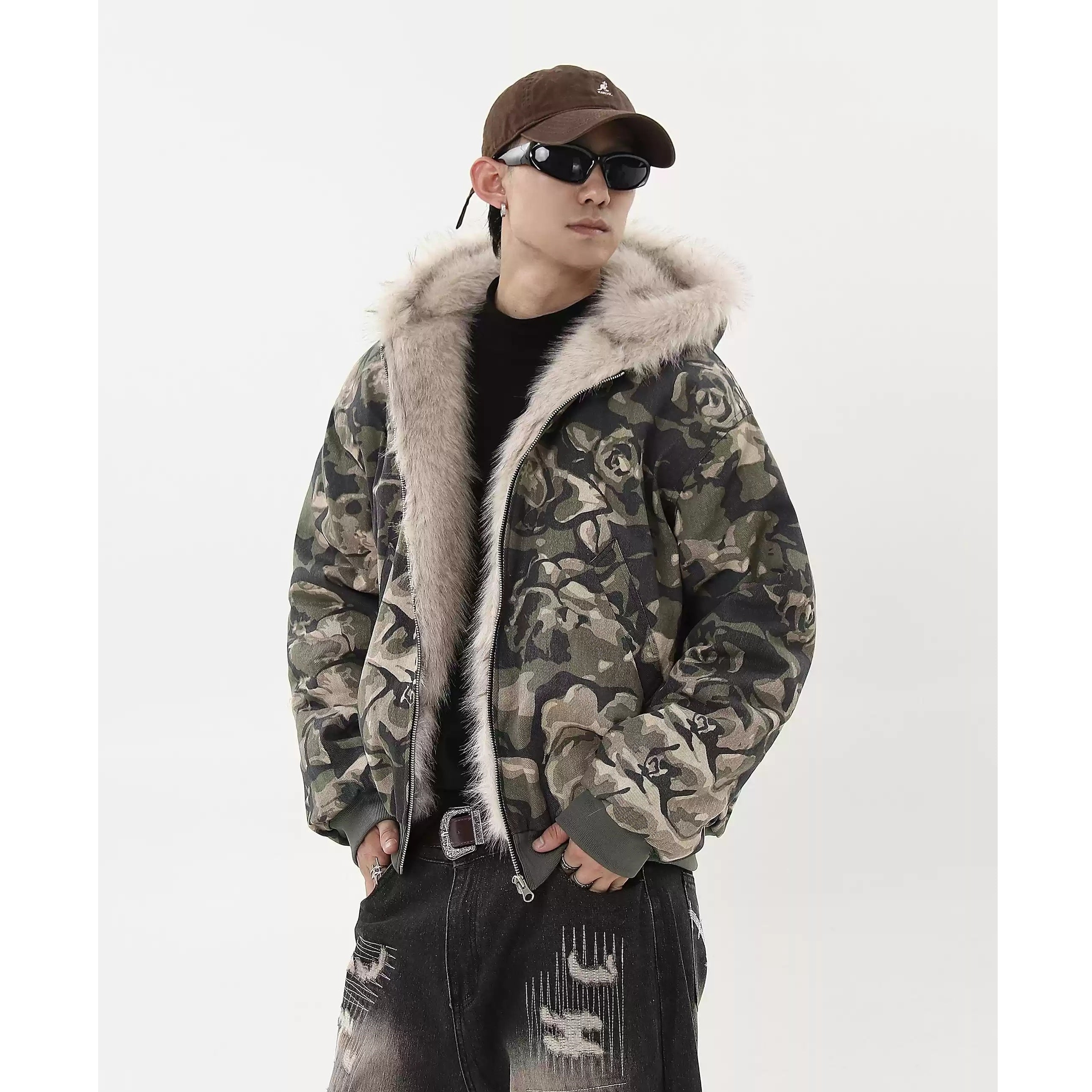 Camouflage Plush Zip-Up Hooded Jacket MB7217