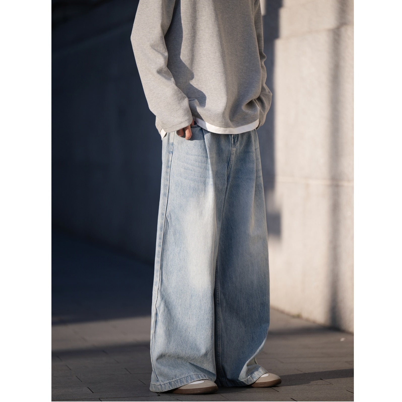 Side Double Pleats Wide Leg Wash Jeans BI2004
