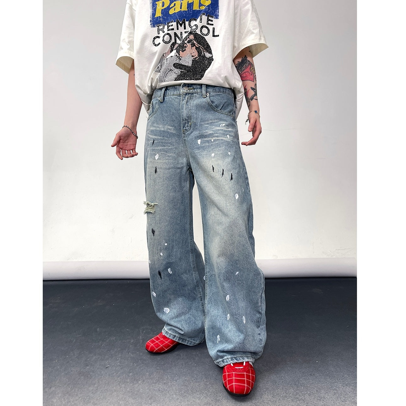 Wash Ink-splashed Ripped Relax Jeans EAT119
