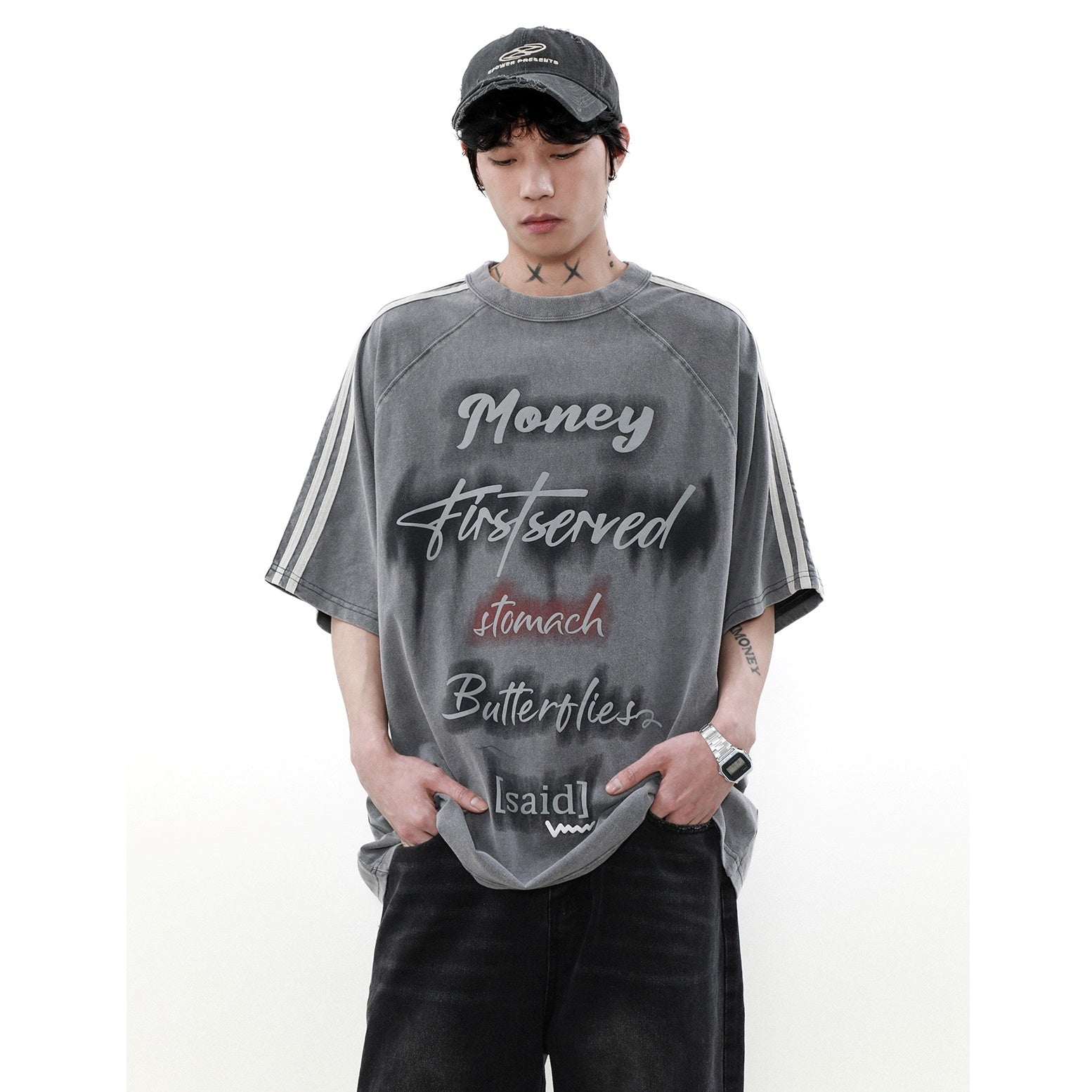 Wash Raglan Sleeve Letter Print T-shirt MR043