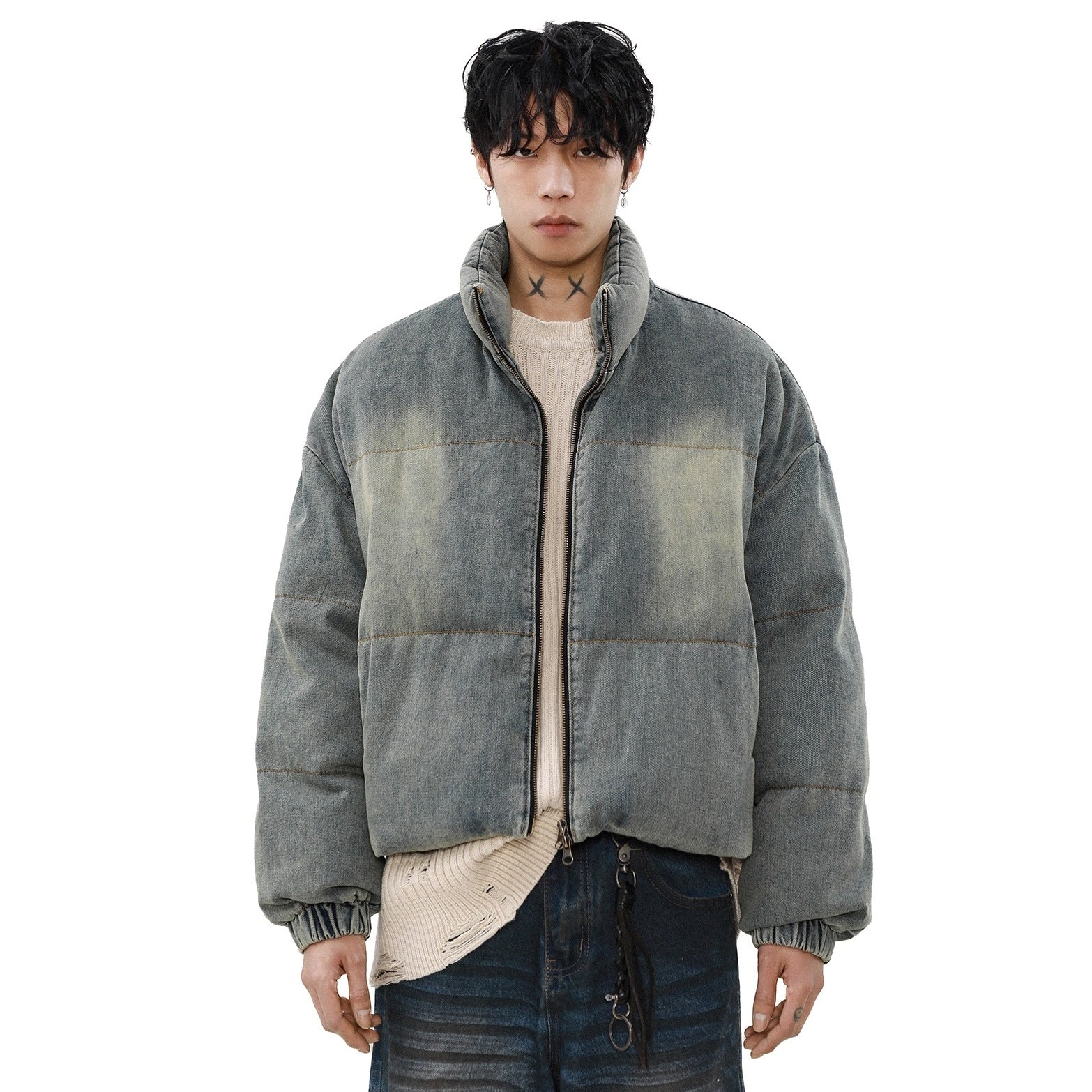 Distressed Washed Denim Down Jacket MB7295