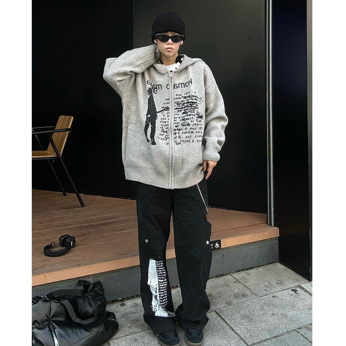 Letter Print Zip Hooded Knitted Sweater MB7130