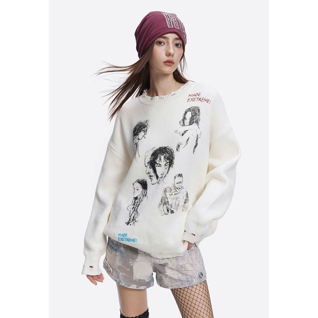 Sketch Print Design Loose Damage Sweater MB7205