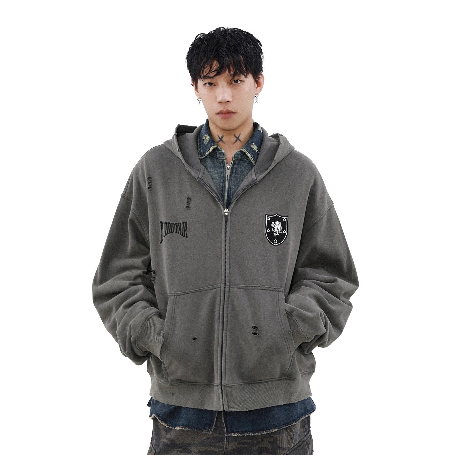 Street Distressed Sweat Zip-Up Hooded Parka MB7189