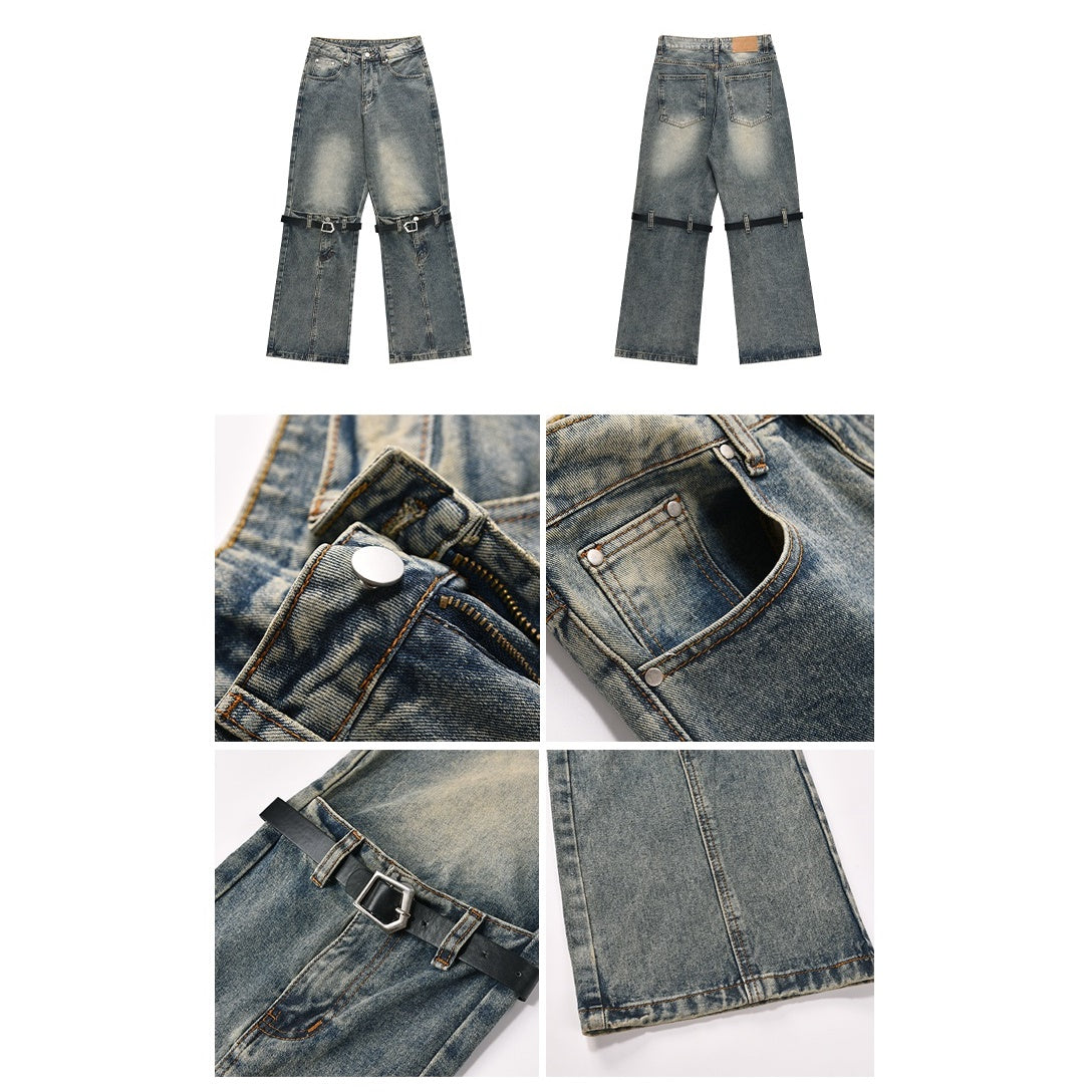 Knee Belt Stitching Design Distressed Bootcut Jeans MB7221