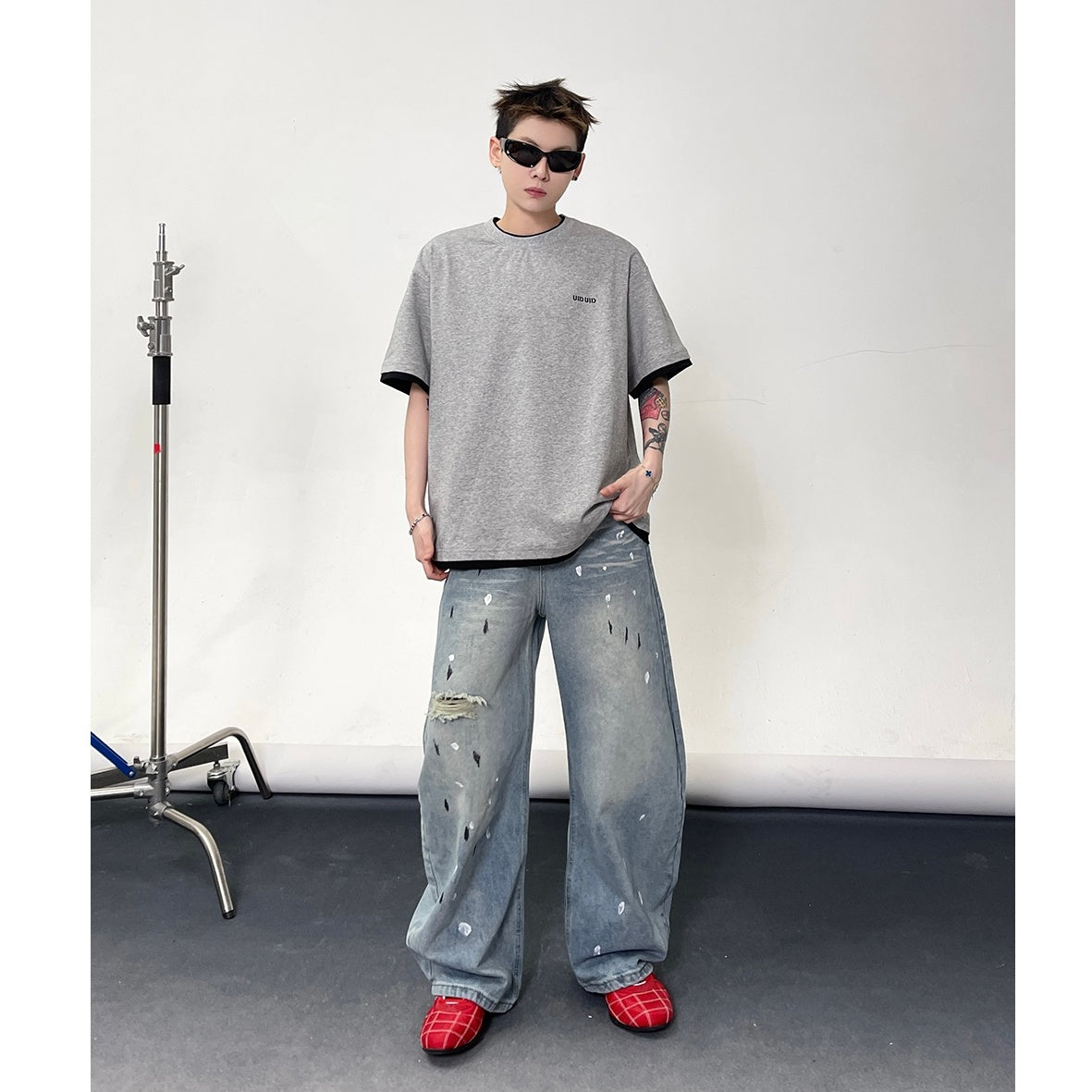 Wash Ink-splashed Ripped Relax Jeans EAT119