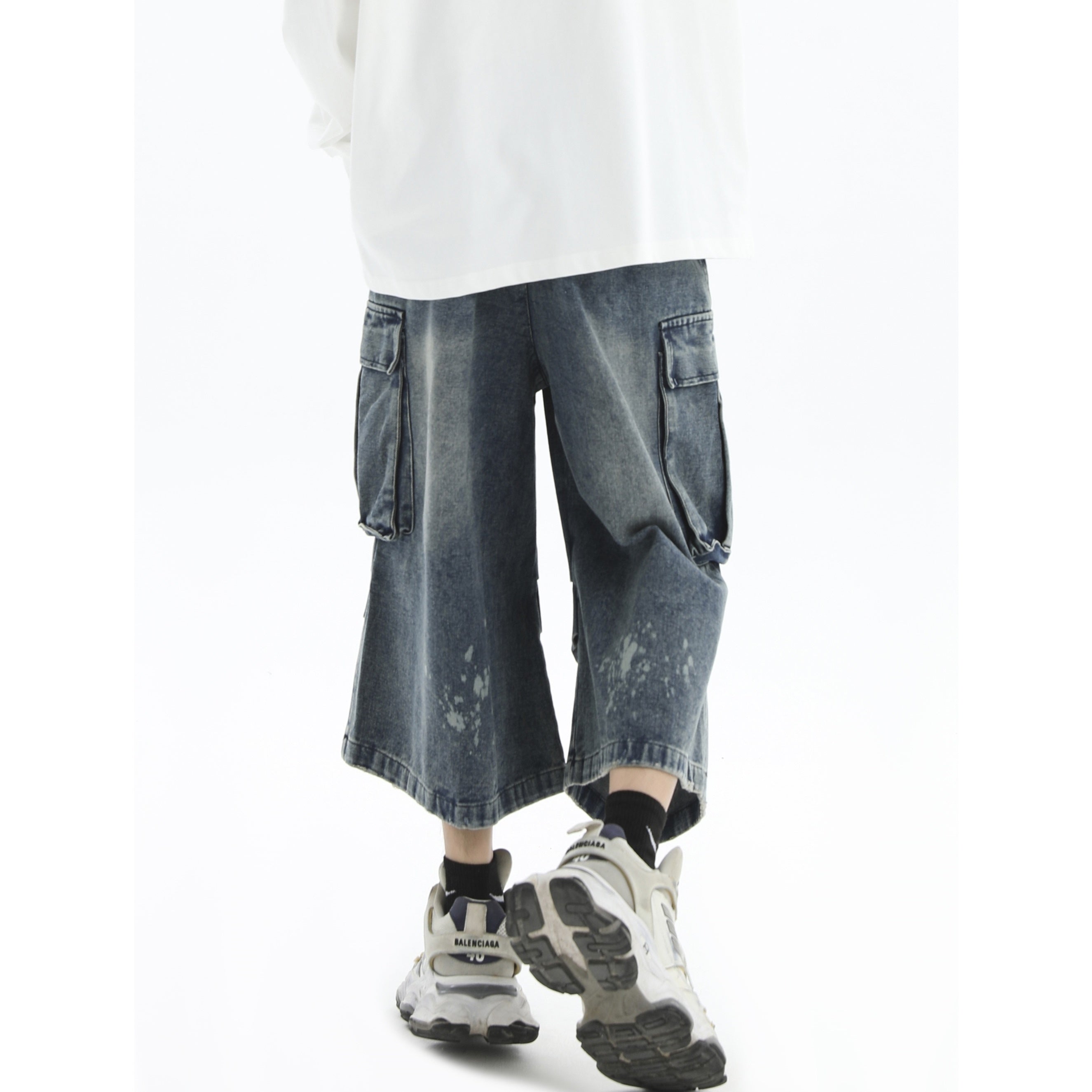 Paint-Splashed Pleated Denim Cropped Cargo Pants IN7022