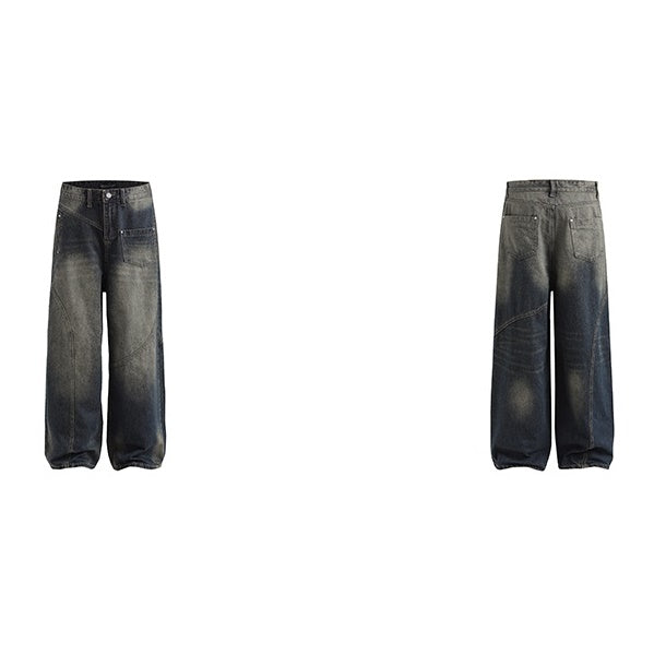 Retro Washed Asymmetrical Pocket Buggy Jeans MR036