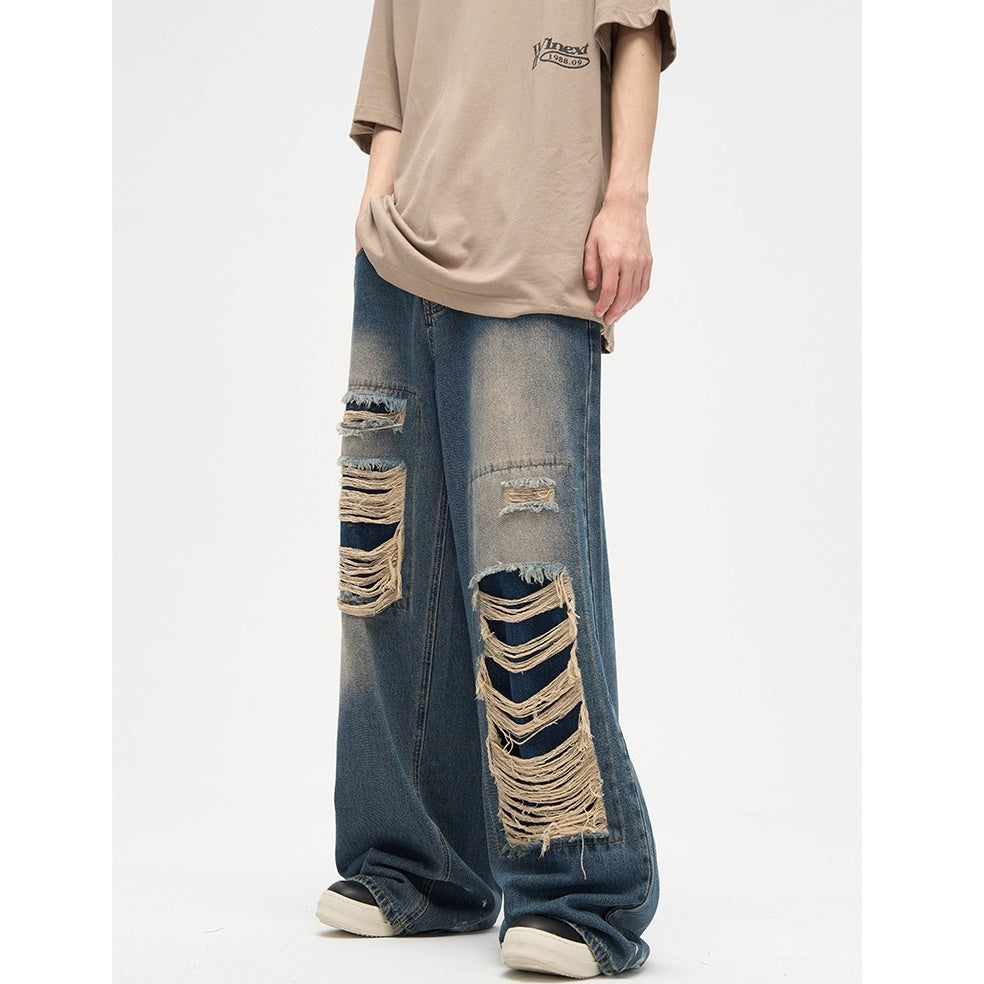 Street Patch Hole Design Loose Straight Jeans MB7003