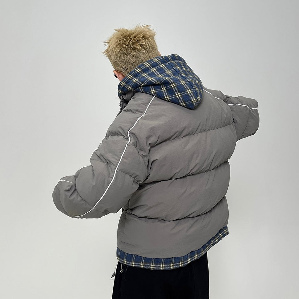 Fake Two-piece Plaid Hooded Padded Jacket EAT038