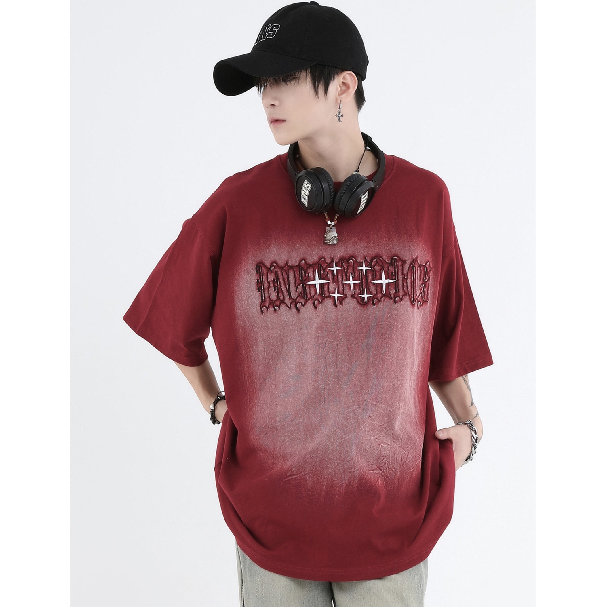 Gothic Font Embroidery LOGO Wash T-Shirt IN7011