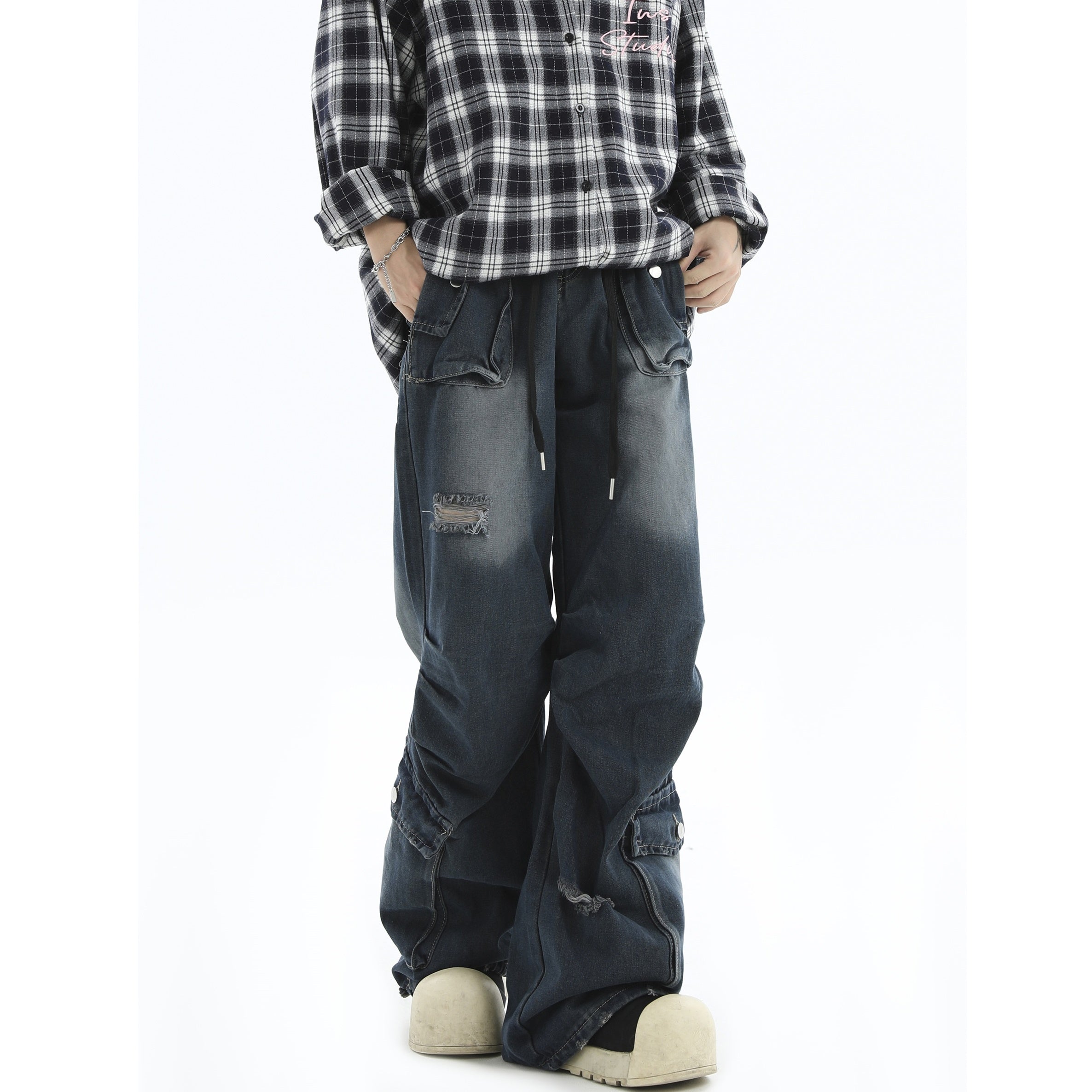 Pleated Washed Loose Straight Work Jeans IN7053