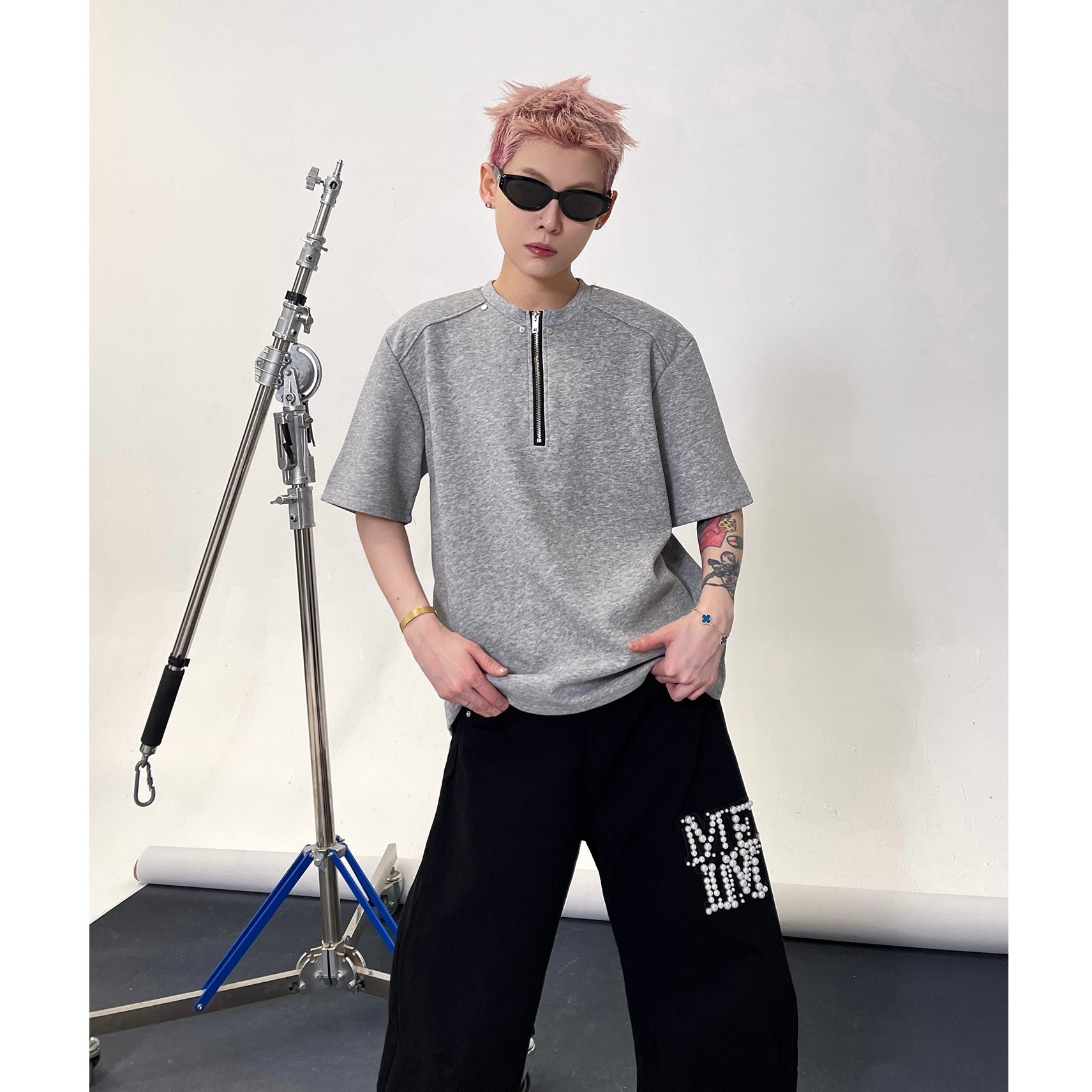 Half Zipper Rivet Design T-Shirt EAT140