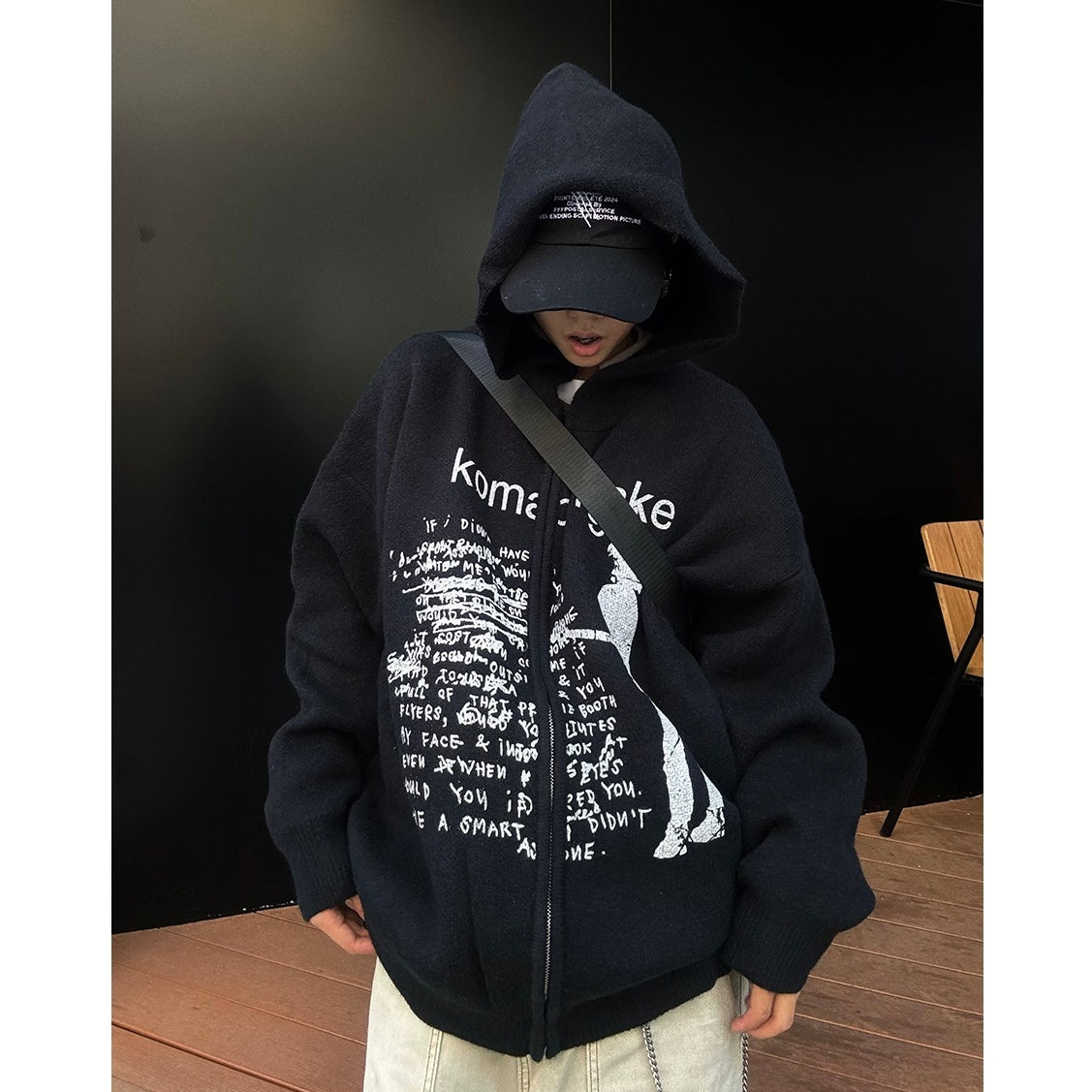 Letter Print Zip Hooded Knitted Sweater MB7130