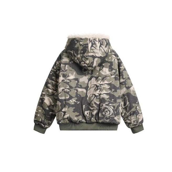 Camouflage Plush Zip-Up Hooded Jacket MB7217