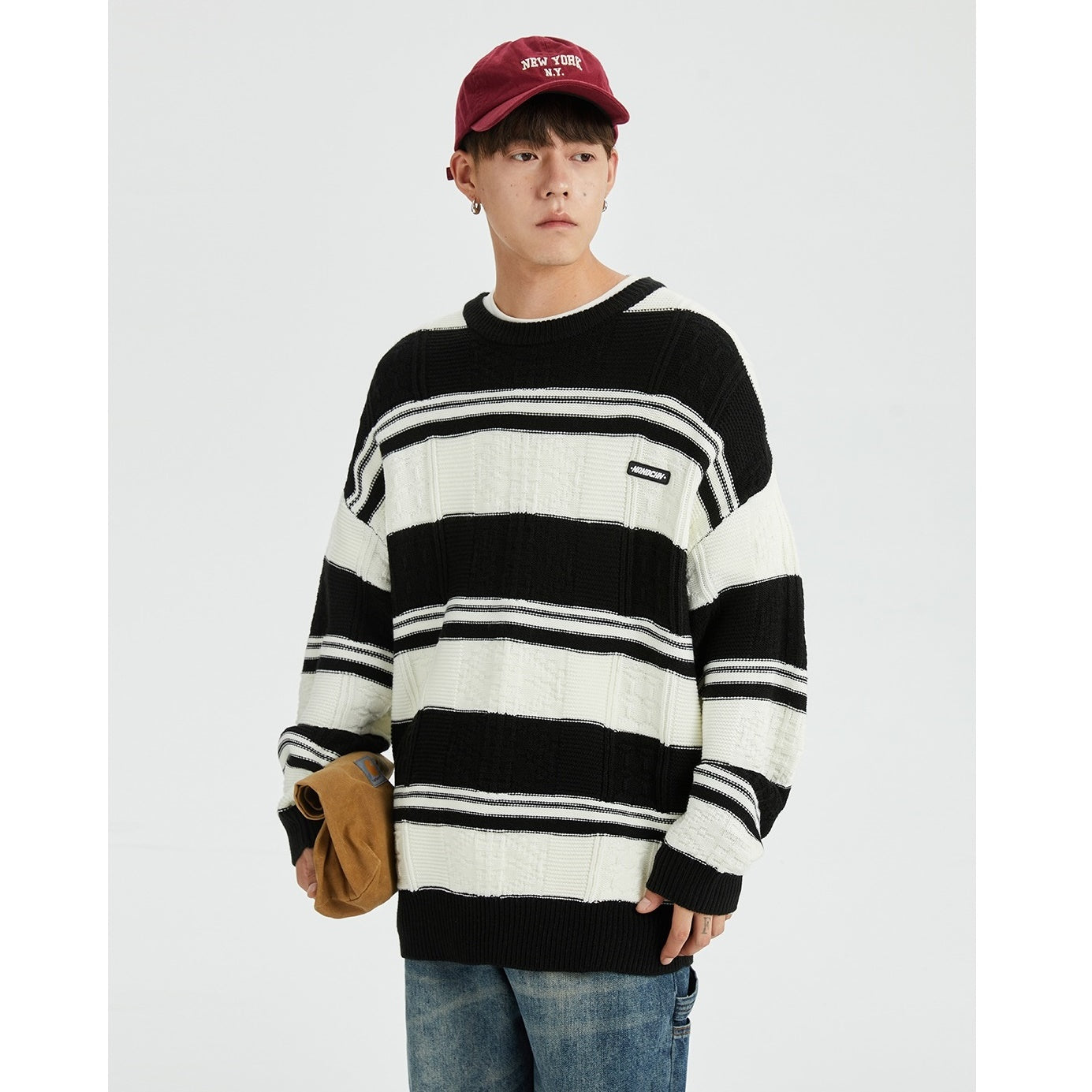 Contrasting Border Crewneck Loose Sweater MB7114