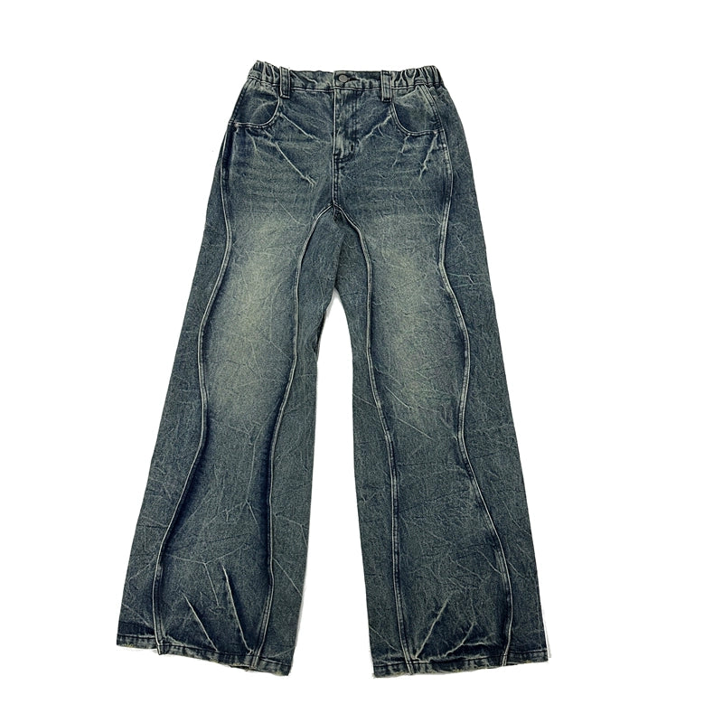 Three-dimensional Wave Stitch Loose Straight Crackle Jeans FT8002