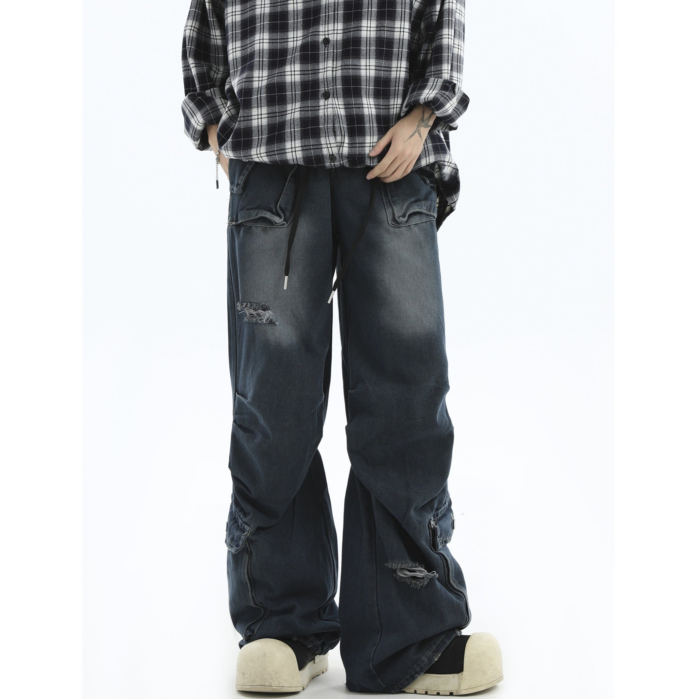 Pleated Washed Loose Straight Work Jeans IN7053