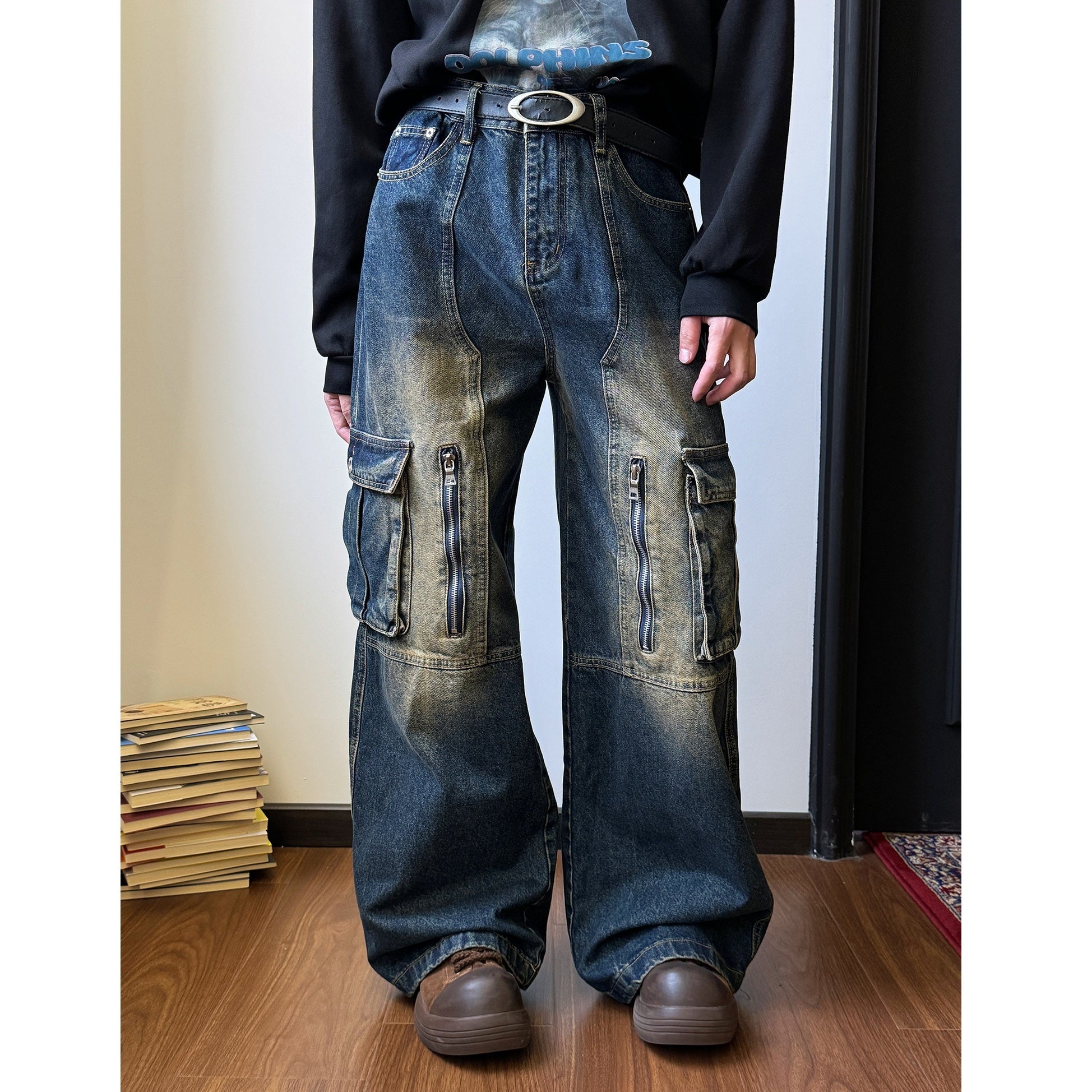 Heavyweight Washed Distressed Cargo Jeans MB7032