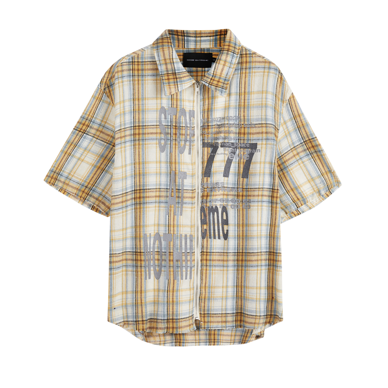 Raw Edged Monogram Print Zippered Plaid Shirt EAT022