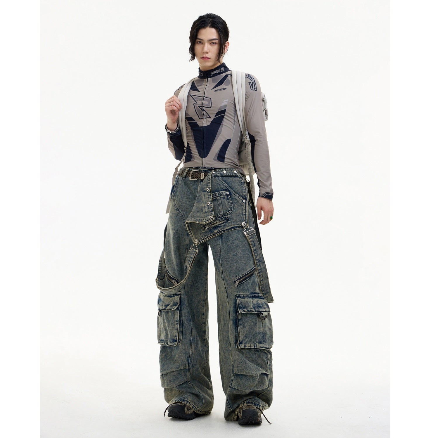 Detachable Strap Washed Cargo Jeans MB7030