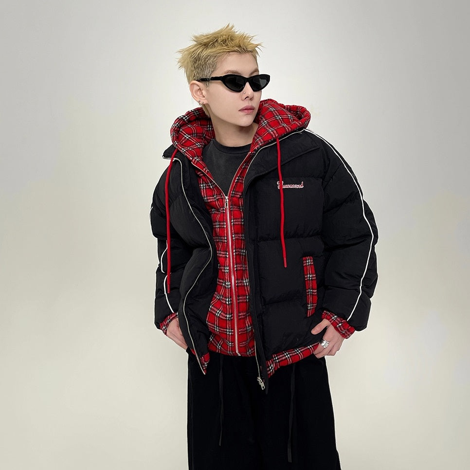 Fake Two-piece Plaid Hooded Padded Jacket EAT038