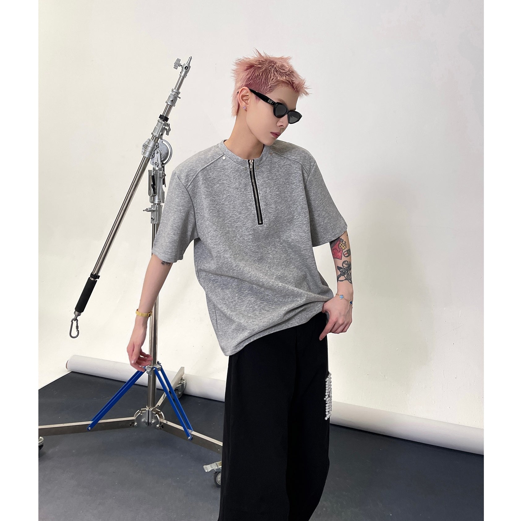 Half Zipper Rivet Design T-Shirt EAT140