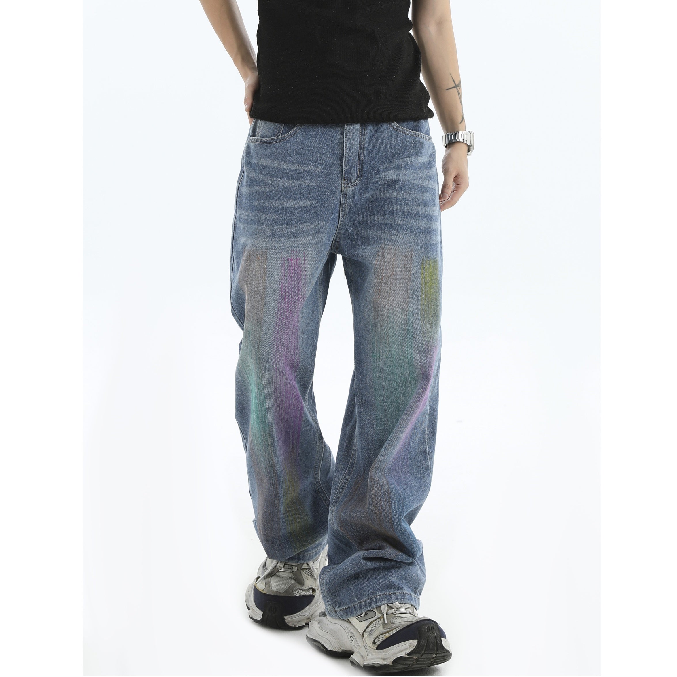 Painted Graffiti Washed Loose Straight Jeans IN7043