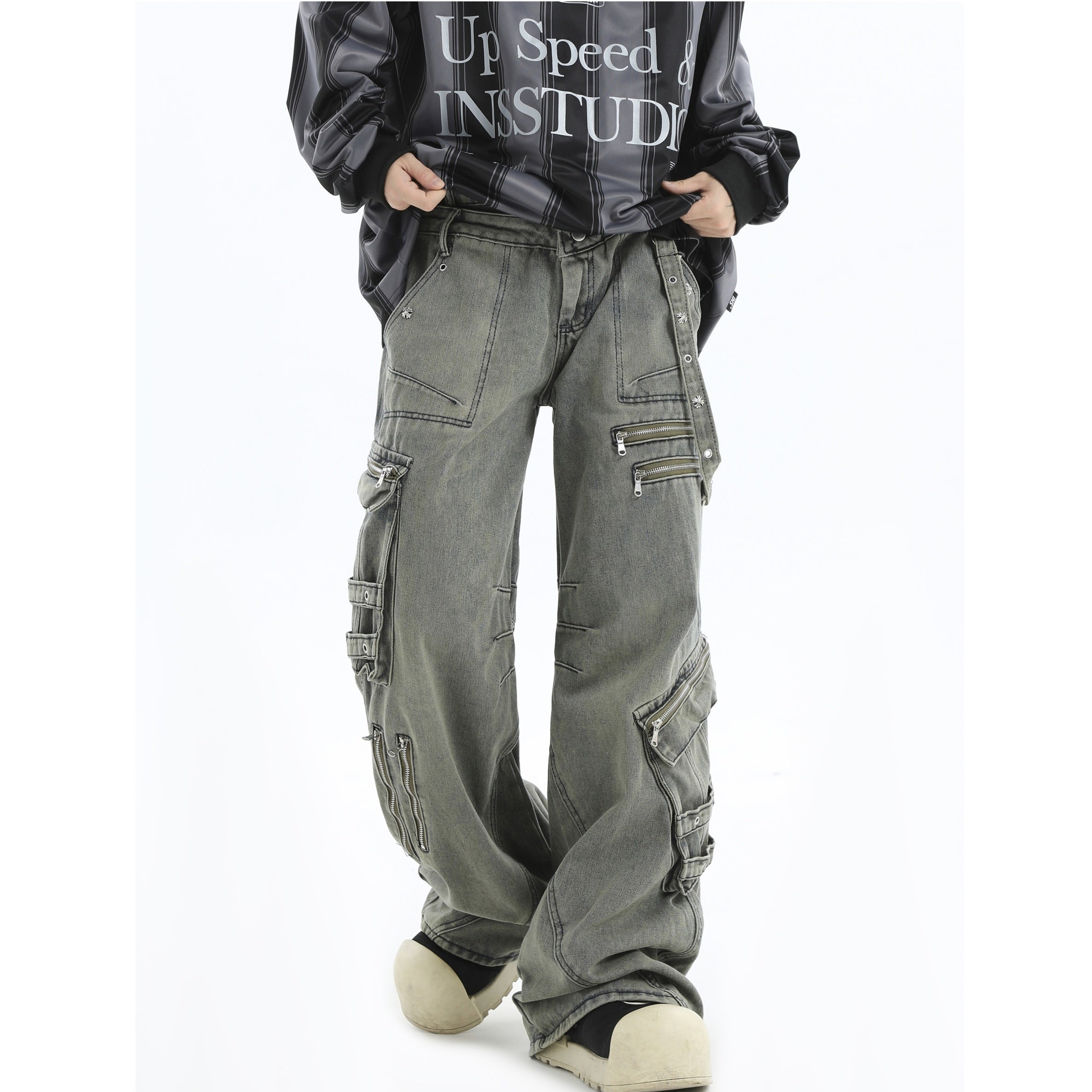 Double Waist Zipper Multi-Pocket Jeans IN7040