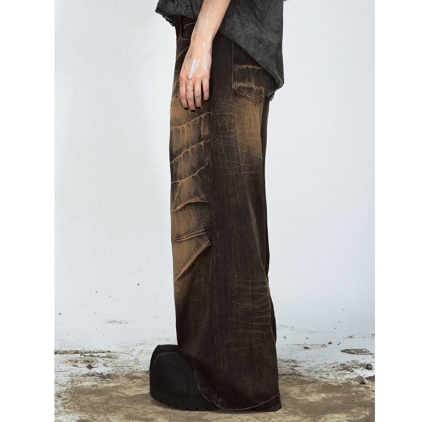 Yellow Mud Dyed Lightning Crack Wide-leg Jeans MB7026