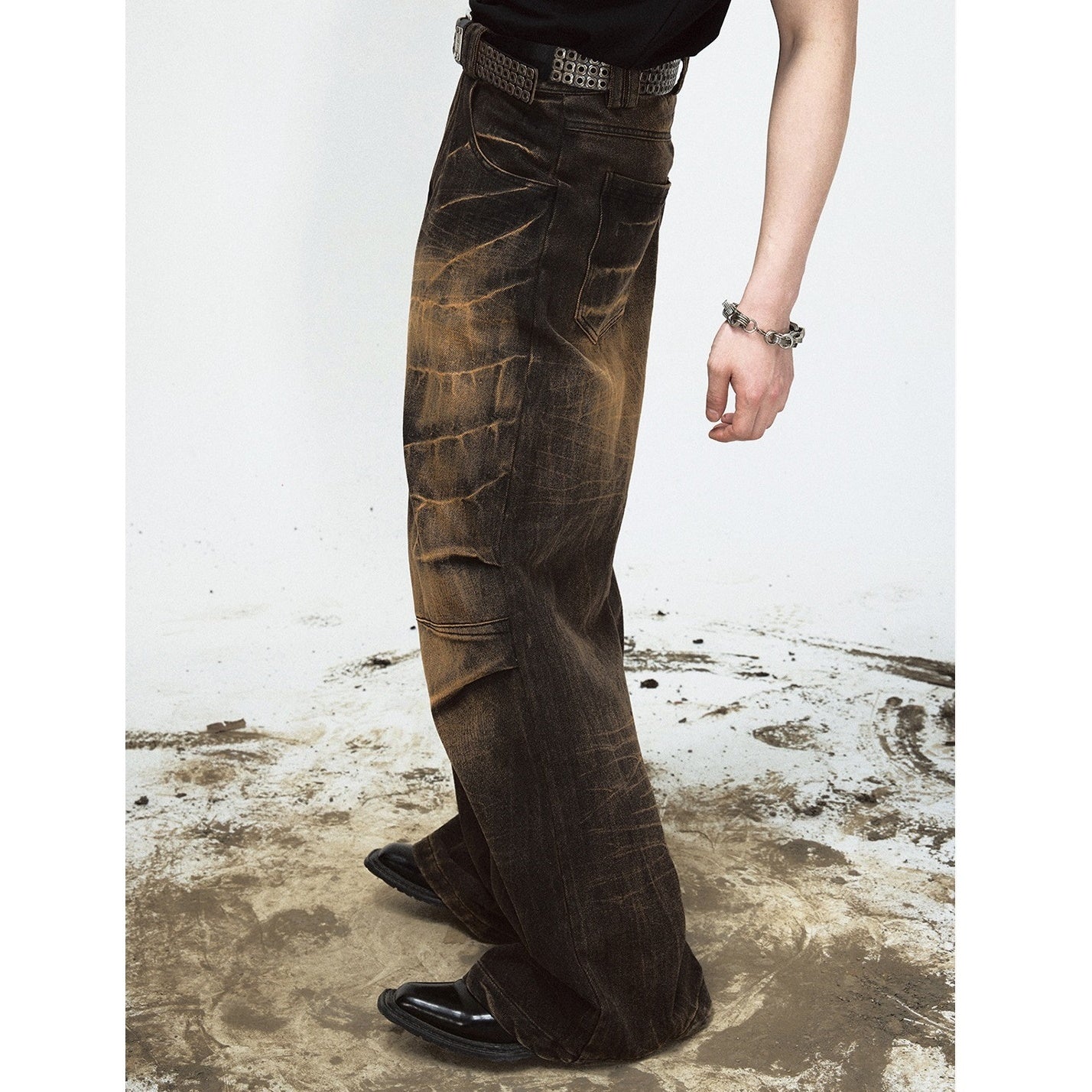 Yellow Mud Dyed Lightning Crack Wide-leg Jeans MB7026