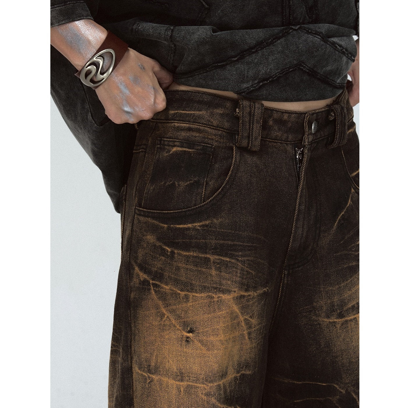 Yellow Mud Dyed Lightning Crack Wide-leg Jeans MB7026