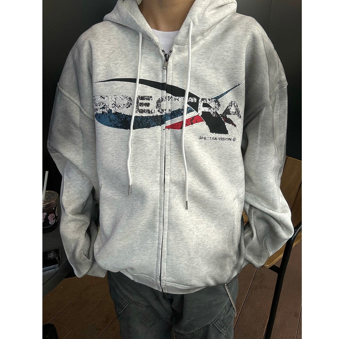 Dirty Spray Lettered Zip-Up Hooded Sweat MB7075