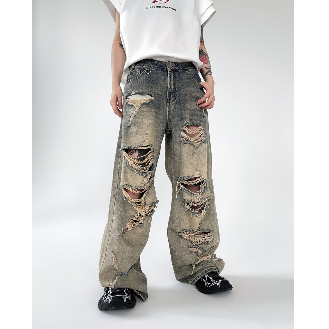 Wash Distressed Yellow Clay Ripped Loose Jeans EAT023