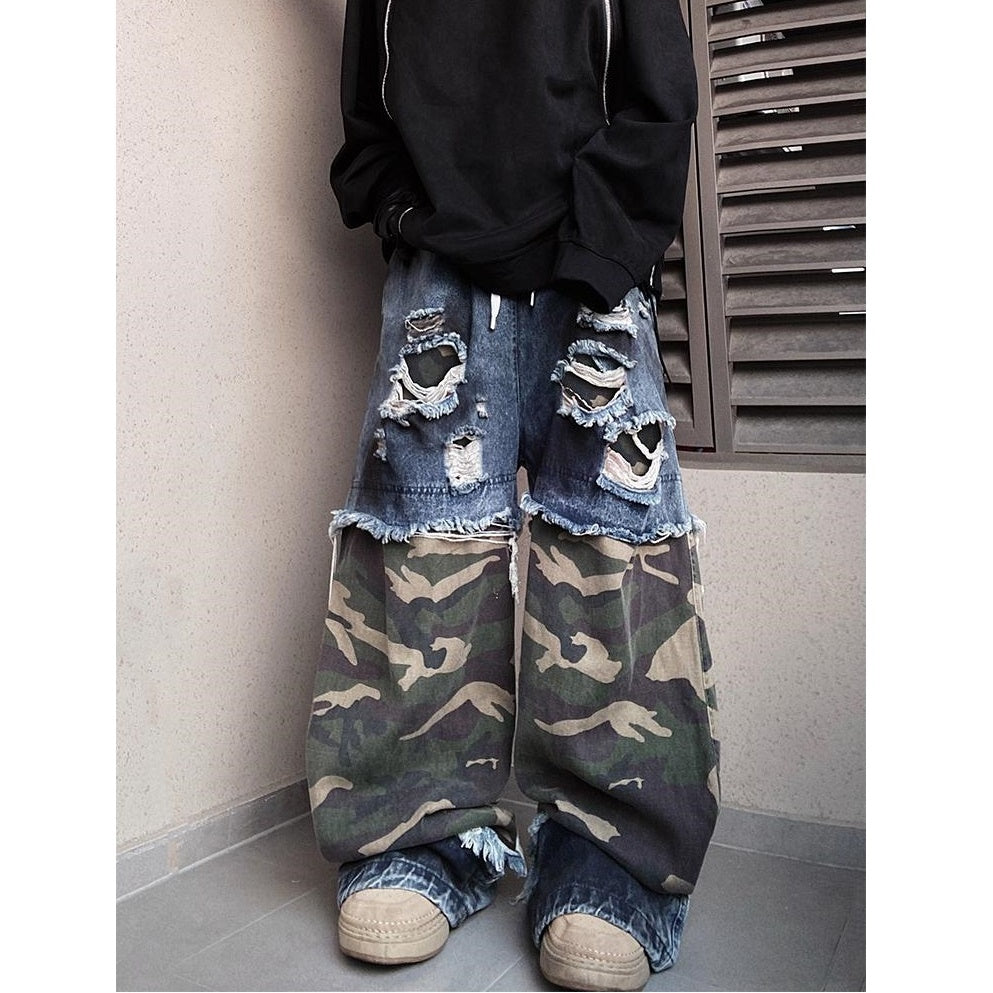 Ripped Camouflage Switching Wide Leg Jeans UU7015